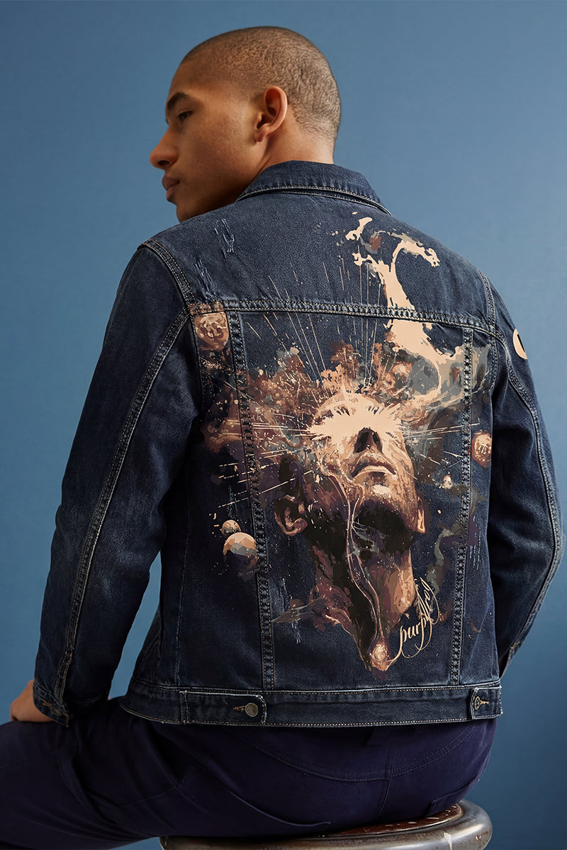 Indigo Cosmic Face Street Style Denim Jacket