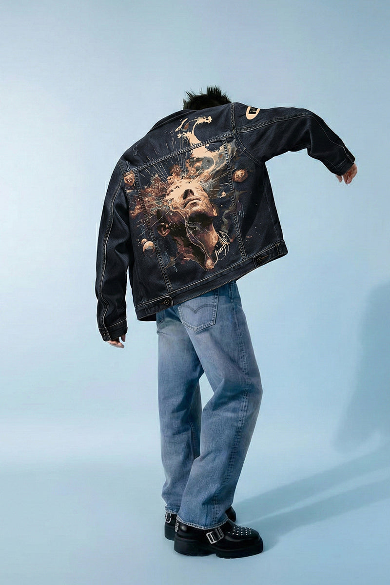 Indigo Cosmic Face Street Style Denim Jacket