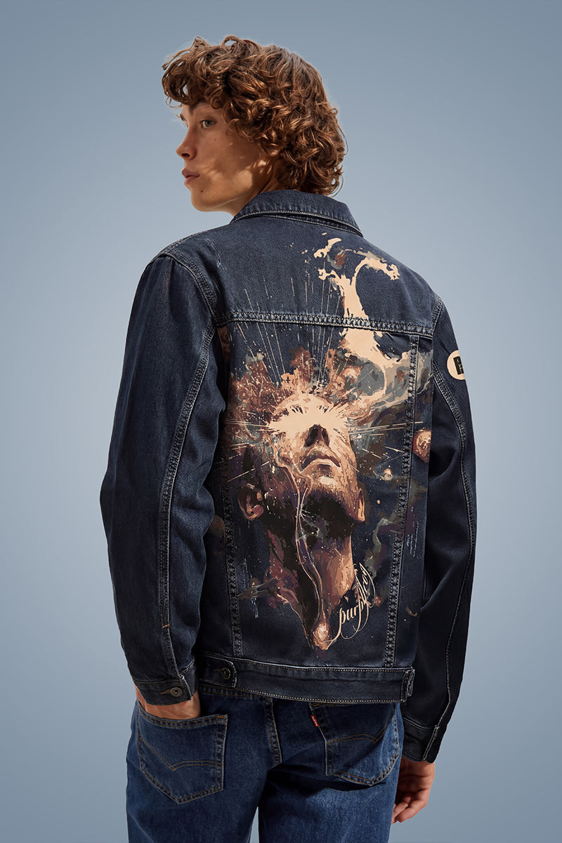 Indigo Cosmic Face Street Style Denim Jacket